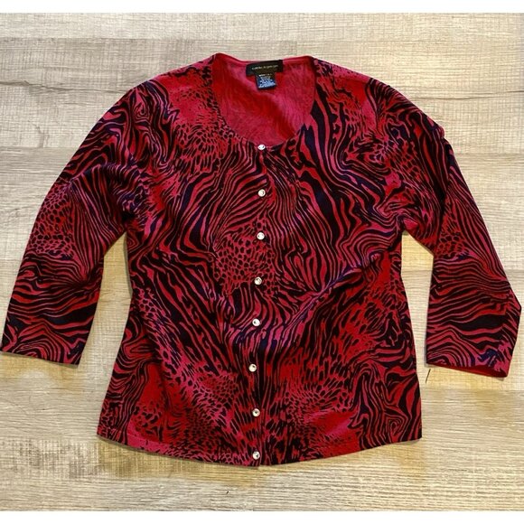 Cable & Gauge L Red Black Animal Print Button Up Cardigan Sweater Rhinestones - Picture 2 of 9